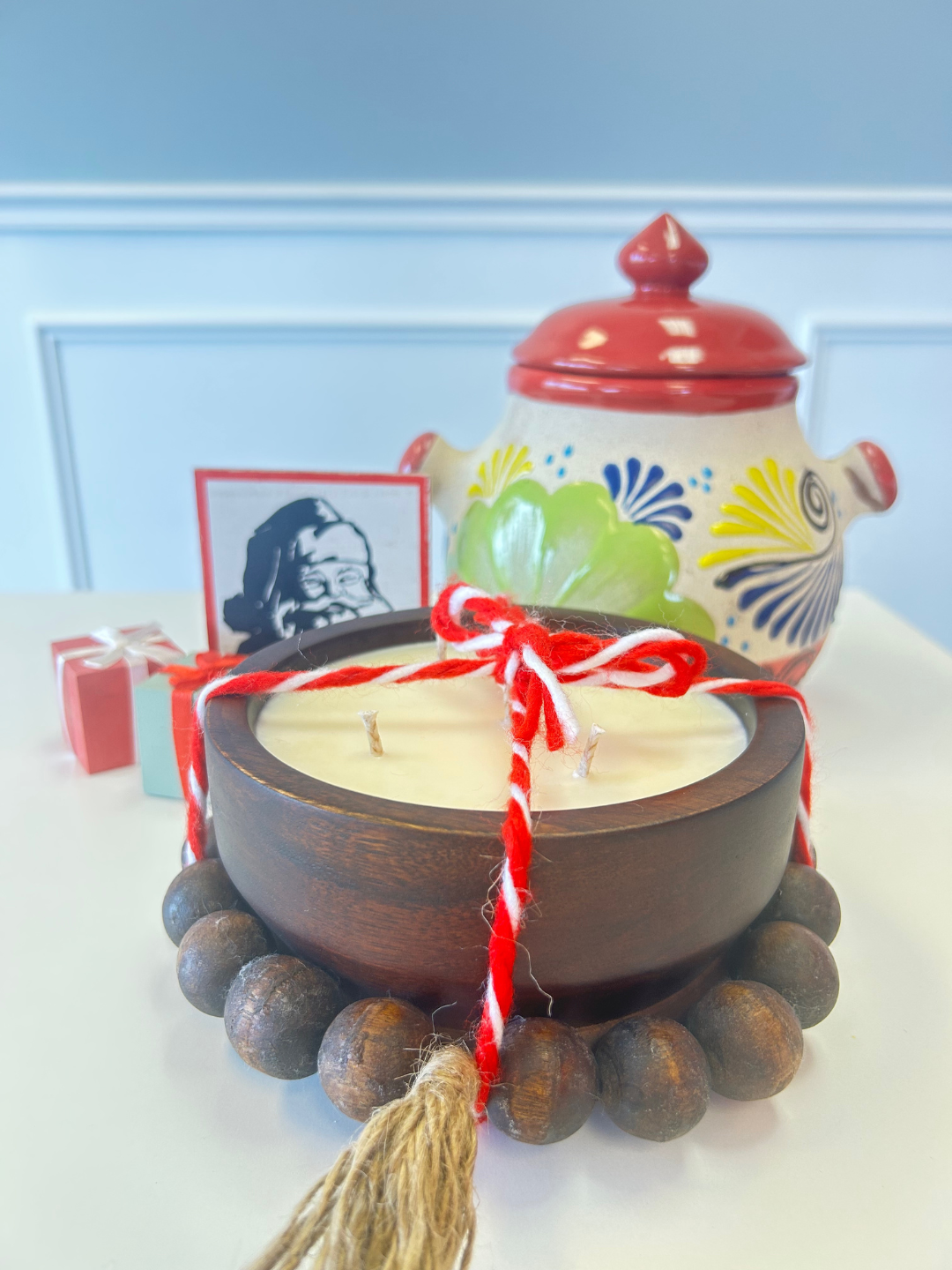 Wood Bowl Candle W/Tassle